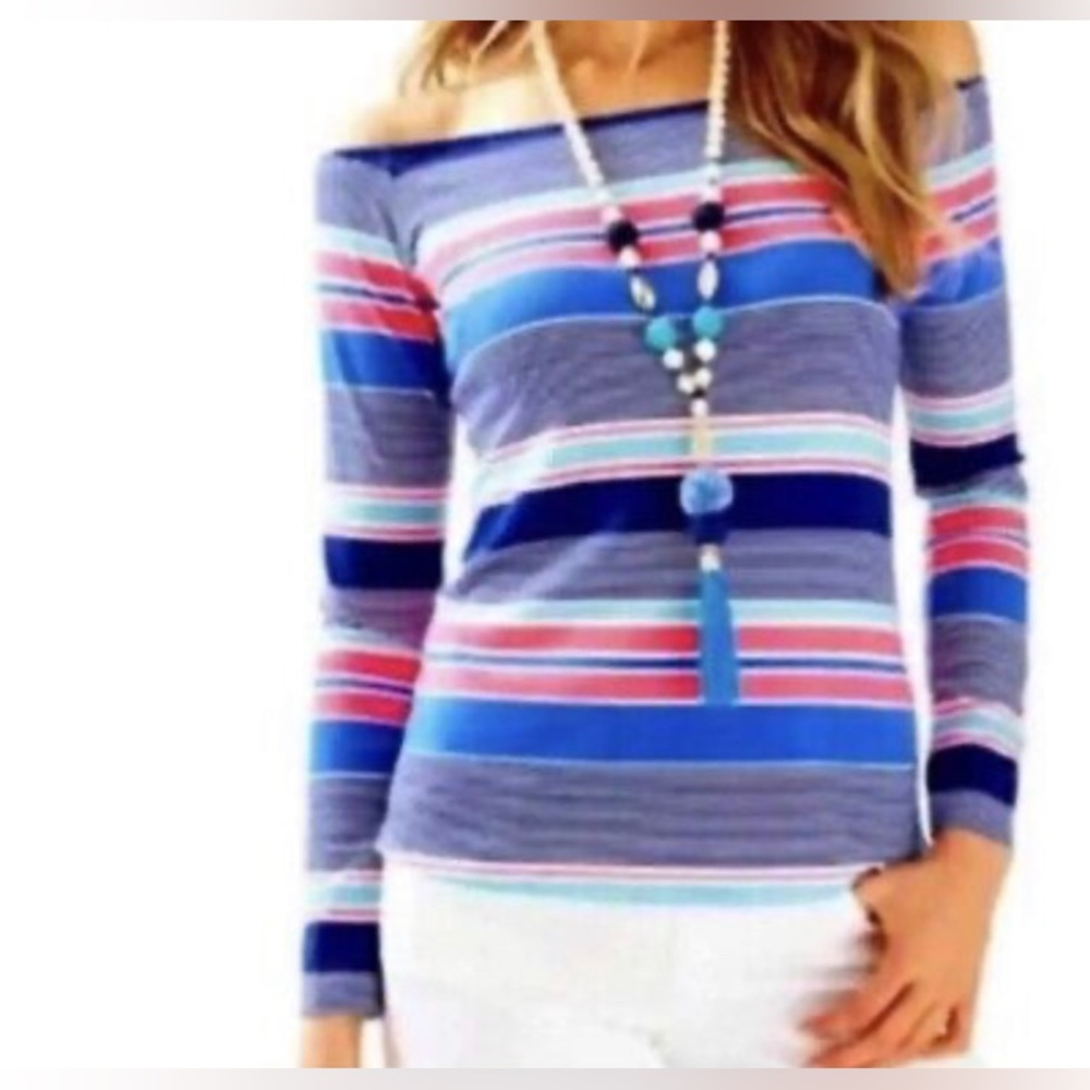 Lilly Pulitzer Audelia off shoulder top  Kaleidoscope Jungle Stripe size L - Picture 2 of 7